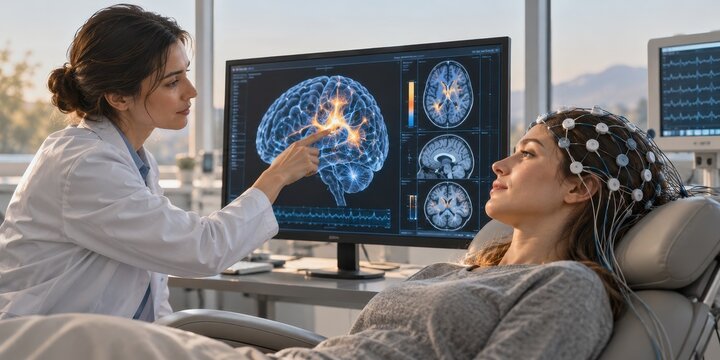 neuroscientist mapping neurons with brain imaging in a research room