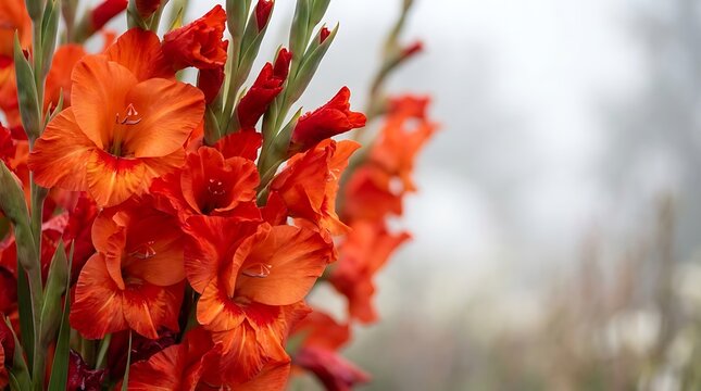 A vibrant and colorful display of gladiolus flowers showcasing their rich orange hues and delicate forms