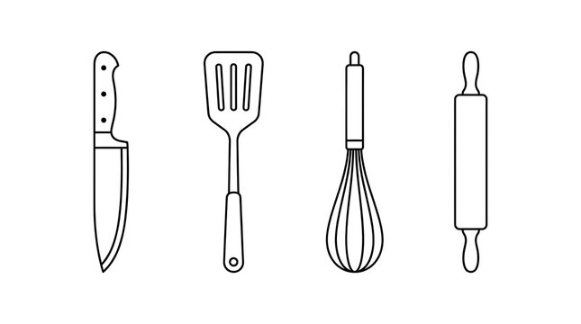 Set of simple black and white line art illustrations featuring essential kitchen utensils for cooking and baking tasks