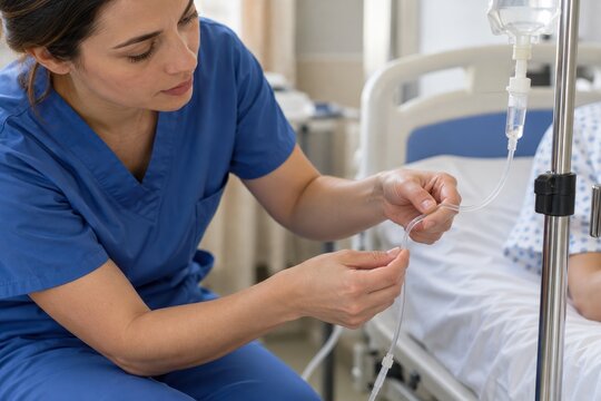 medical catheter being checked for obstruction in a hospital room