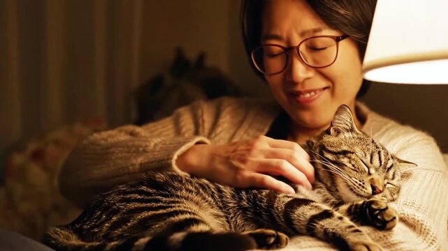 Asian woman in glasses gently petting sleeping tabby cat on lap under cozy lamp light indoors during quiet peaceful evening, smiling lovingly with warm homely atmosphere