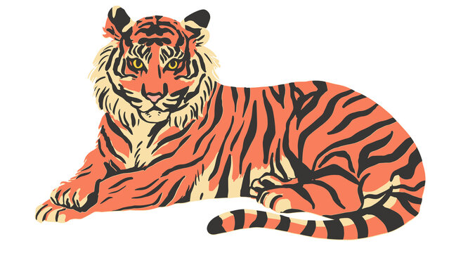 Desain tHand drawn vintage vector illustration of a majestic tiger lying down, isolated on black background. Retro wild animal graphic.anpa judul - 3