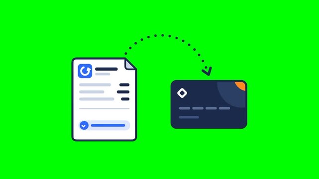 Animated refund transfer from invoice to bank card on green screen