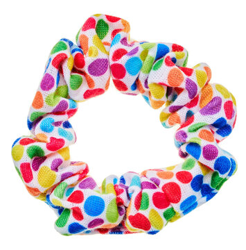 White scrunchie with colorful rainbow polka dots