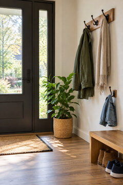 A reachable coat hook beside an uncluttered home entrance