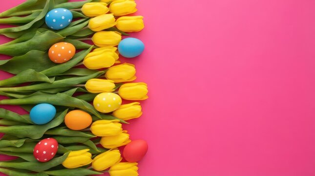 Easter eggs with polka dots and solid colors arranged with yellow tulips on a pink background