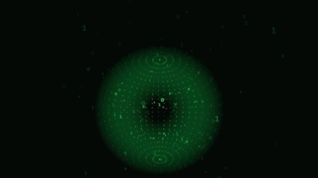 Green Digital Data Sphere with Floating Binary Code and Glowing Particles Seamless Loop Animation
