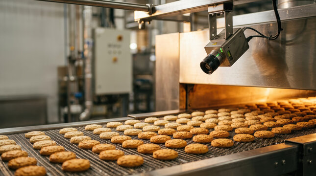 Smart food factory uses AI vision to inspect freshly baked cookies on conveyor belt