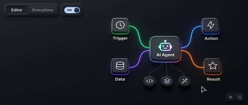 AI agent software interface showing central robot icon connected to trigger action data and result nodes with glowing neon lines on a dark background for modern automation workflow visualization