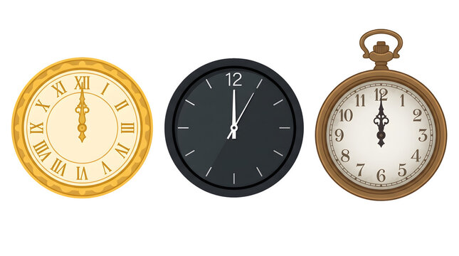 Set of three different clocks showing twelve oclock isolated on transparent background