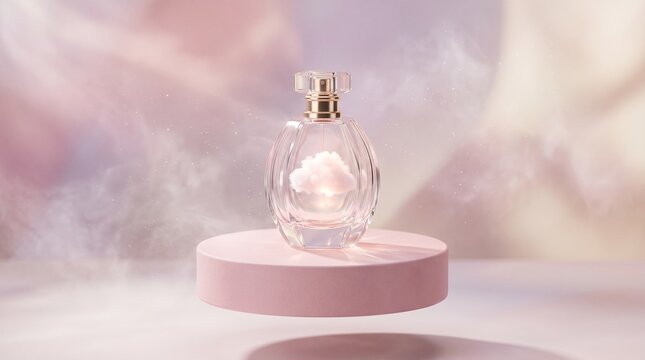 Luxurious perfume bottle with soft fluffy clouds inside as liquid on a clean background