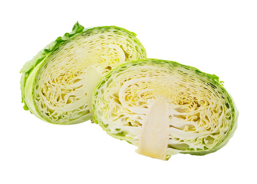 Set of fresh cut green cabbage with cross section isolated on transparent background