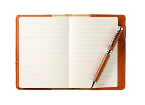 Top view of open brown leather notebook with wooden ballpoint pen isolated on transparent background