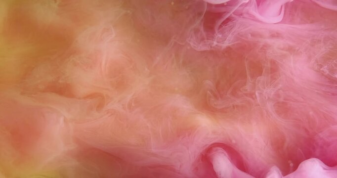Steam texture. Watercolor ink. Orange pink paint splash liquid spill on wet abstract background. Colorful art defocused dye fog mix.