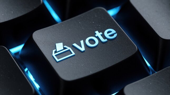 Close up of glowing blue vote button on computer keyboard. Person clicks electronic key for online election. Digital democracy concept with ballot box icon on backlit mechanical key. Cyber voting