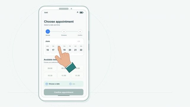 Minimalist mobile application interface demonstrating a digital appointment scheduling workflow with interactive calendar date selection and time slot booking button controls