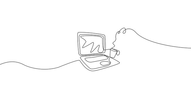 continuous line drawing of a laptop and a coffee cup