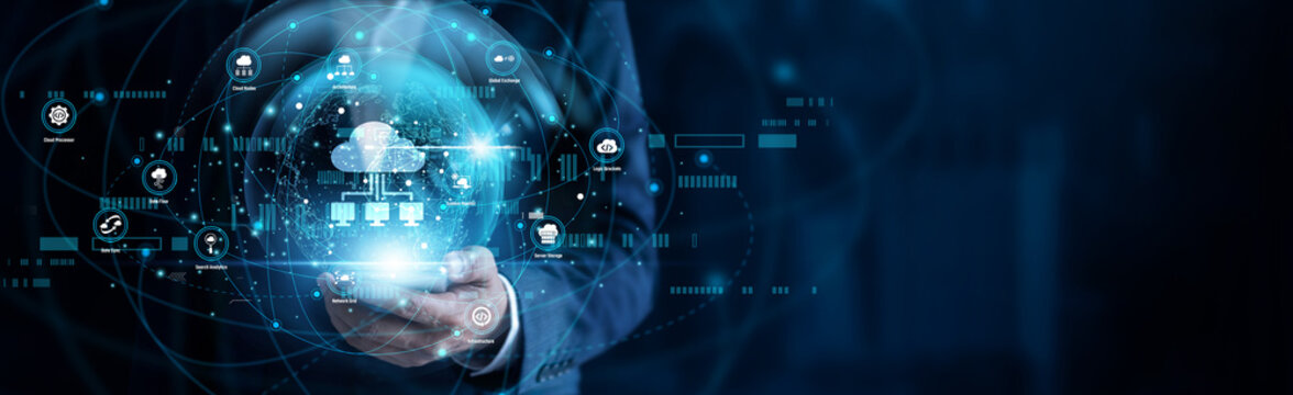 Cloud Computing concept with cloud engineer using digital tools to manage scalable cloud resources. Modern digital visual for secure workflow, data insight, efficiency, and smart decisions.