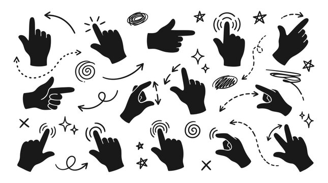 Hand pointer silhouettes and doodle lines
