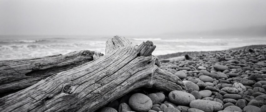 Driftwood log lying on stormy pebble beach under moody foggy sky horizontal black and white landscape