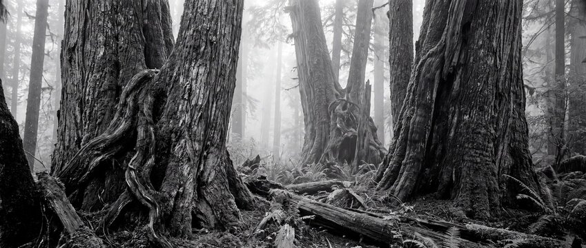 Ancient forest trees with thick textured trunks standing in deep misty fog during morning light