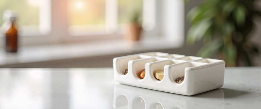 White ceramic daily pill organizer macro shot for pharmacy websites medical blogs and healthcare routine presentations