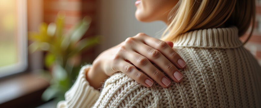 Woman in warm knit sweater touching shoulder looking out window for mental health blogs self-care websites and cozy autumn concepts