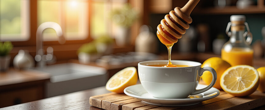 Wooden honey dipper dripping honey into white mug for healthy food blogs natural remedy websites and cozy morning concepts