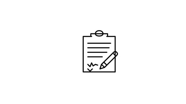 Minimalist black outline clipboard icon on white background, drawn stroke by stroke with text lines, a pencil, a signature scribble and a check mark, then fading out in a seamless loop.