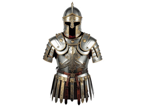 Ornate medieval knight armor with helmet and gold detailing