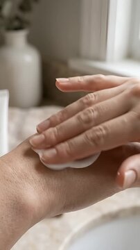 Woman Applying White Moisturizing Cream to Her Hand at Home