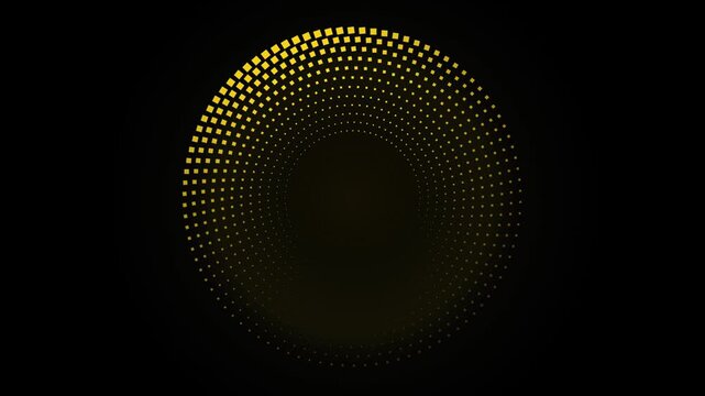 Golden circular halftone square pattern rotating on black background motion graphics.