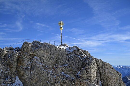 Zugspitze summit cross (2962 m), Grainau municipality, Garmisch-Partenkirchen district, Bavaria, Germany