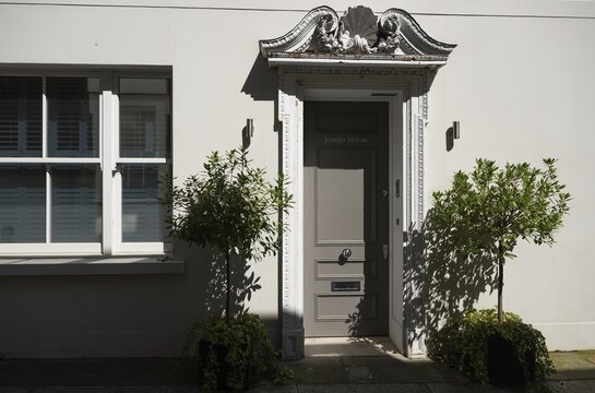Grey front door with decorative door frame and two plants in pots next to it, Chelsea, London, Great Britain, England, Great Britain