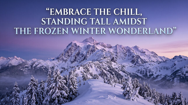 snow covered alpine peaks illuminated by soft purple dusk fading twilight showing powerful quote embrace the chill standing tall amidst frozen winter wonderland