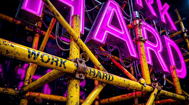 words work hard painted onto bright yellow scaffolding holding up giant glowing magenta letters mixed into a dynamic geometric composition shot with sharp macro photography lens
