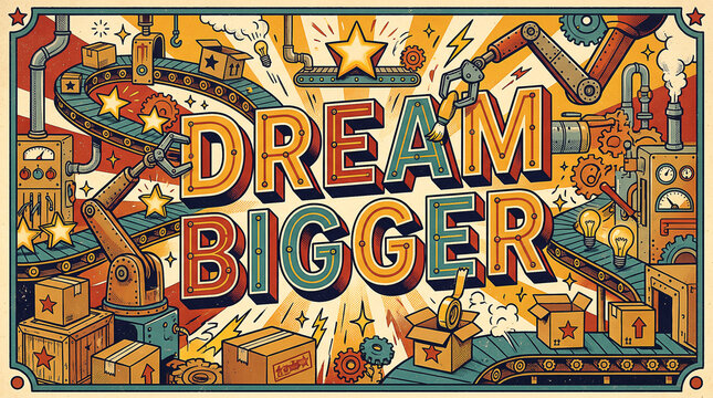 large text dream bigger surrounded by fun vintage manufacturing machinery assembly lines conveyor belts robotic arms packing boxes retro graphic poster style dynamic bold aesthetics