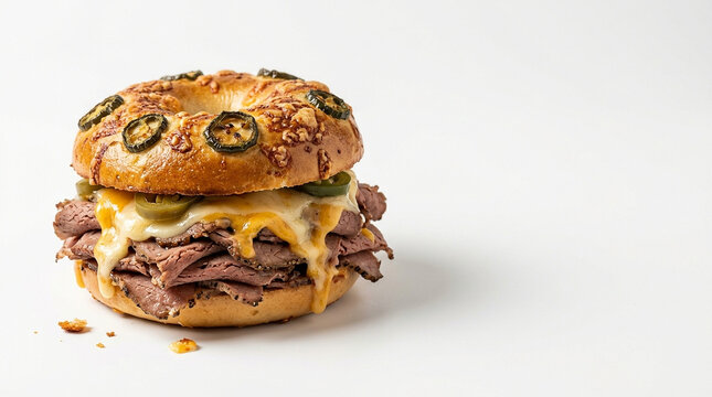 Roast beef and melted cheese bagel sandwich topped with jalapeno slices and baked cheese crust, with copy space.