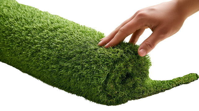 Hand touching a rolledup artificial grass mat for landscaping and decoration purposes isolated on transparent background