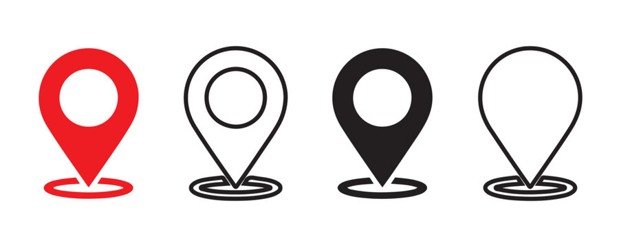 Location marker pin set in red and black colors for map navigation and digital tracking point vector.