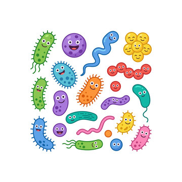 Collection of Cute Cartoon Bacteria and Microbes Characters.