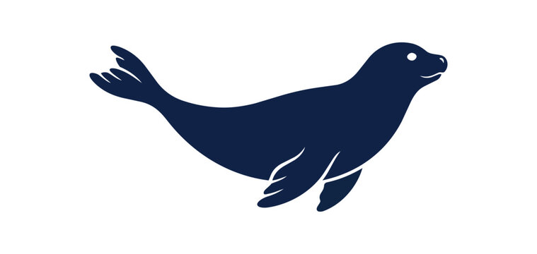 Dark Blue Silhouette of a Seal on a White Background.