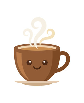 Cute Kawaii Coffee Cup Character with Steaming Hot Beverage.