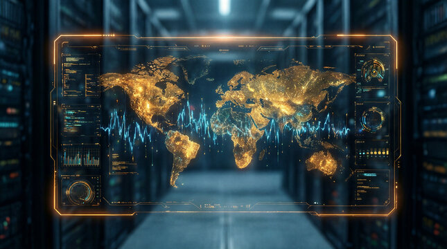 Futuristic digital dashboard displays golden heat maps and blue sparklines over a dark industrial server room environment