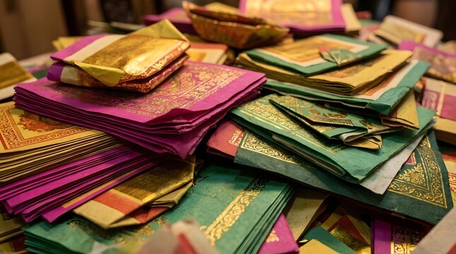 Vibrant ceremonial joss paper stacks featuring golden foil details displayed for traditional cultural rituals and ancestral offerings