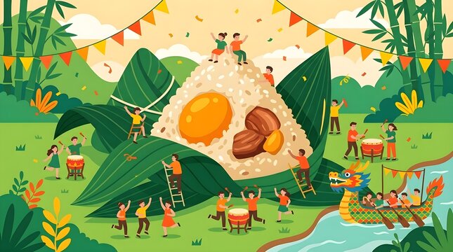 Traditional dragon boat racing and sticky rice dumpling festival celebration with joyful people playing drums in bright vector illustration