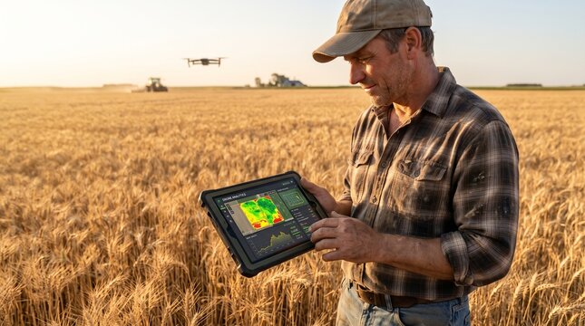 Farmer holding rugged tablet with drone analytics crop health map in golden wheat field