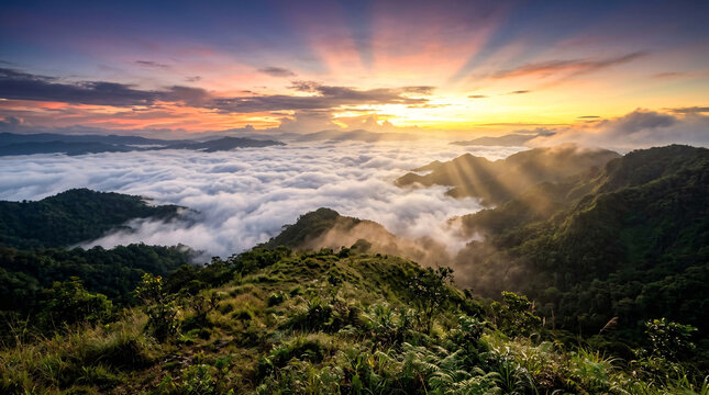 Spectacular Golden Sunrise Above a Vast Sea of Clouds and Misty Tropical Mountain Ridges with Dramatic Sun Rays and Colorful Sky