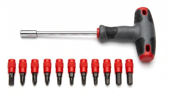 Professional t handle screwdriver set with interchangeable bits and extension shaft on white background