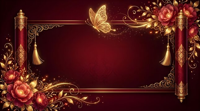 Ornate golden frame featuring delicate butterflies and glowing red flowers surrounding scrolls against a dark burgundy backdrop